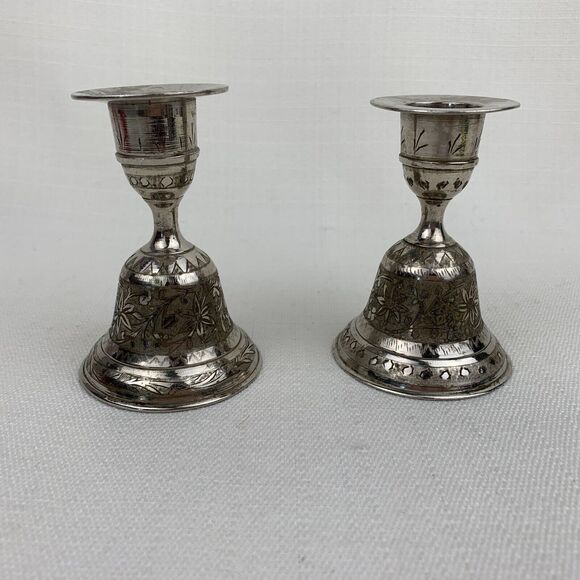 Vintage set of 2 Silver Candle stick‎ Holders ZY India World Gift Bell Shaped - Picture 2 of 10